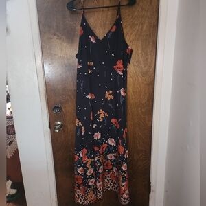 Floral And Animal Print Midi Navy Blue Spaghetti Strap Dress. Plus, Curve
